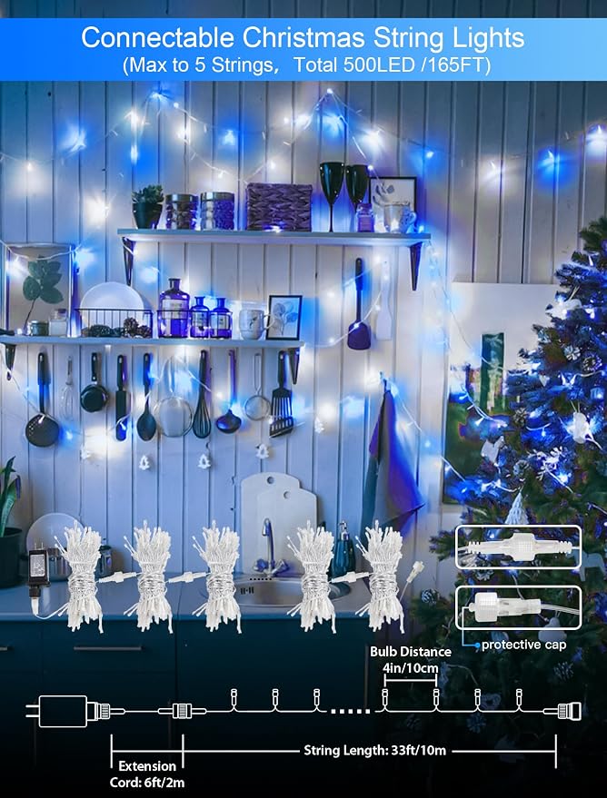 33FT 100 LED White Blue Christmas Fairy Twinkle String Lights Indoor | 8 Modes with Memory, Connectable, IP65 Waterproof, Transparent Wire, Up to 5 Sets, Widely use for Classroom, Bedroom, dorm