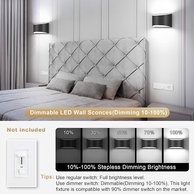 TRLIFE Modern Wall Sconces, 3000K/4000K/6000K Selectable and Dimmable LED Wall Sconce 12W Aluminum Wall Mounted Light Hardwired Wall Sconces for Bedroom Bedside Living Room Hallway(Black, 1 Pack)