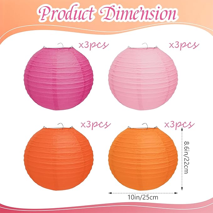 12 Pcs Pink and Orange Paper Lanterns, 10" Hanging Paper Lanterns, Pink and Orange Party Decorations for Home Birthday Wedding Sunset and Valentines Party Decorations