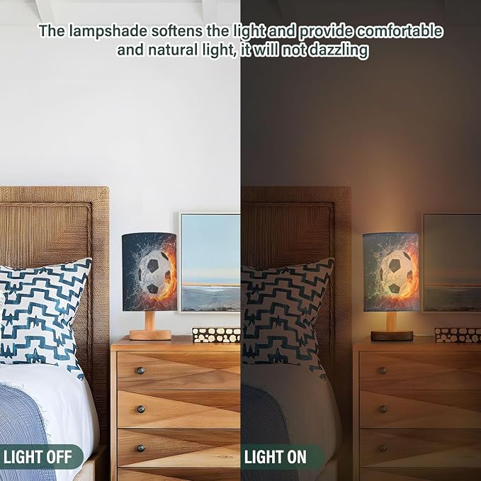 Table Lamp Soccer Ball in Fire Flame Water Sport Design American Football Nightstand Lamp with Wood Base Fabric Lamp Shade Bedside Desk Lamp for Living Room Bedroom Kids Room Office