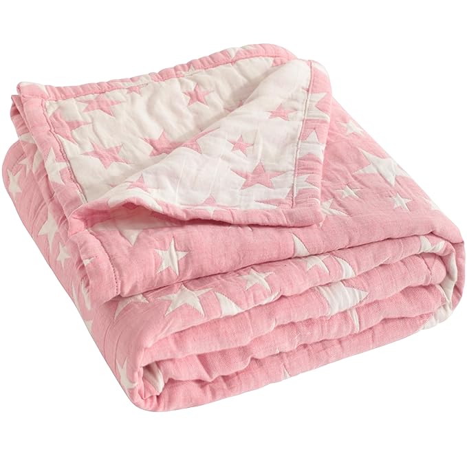 NTBAY 3 Layer Oversized Muslin Toddler Blanket, 45 x 60, Pink/White Star | Muslin Cotton Outer Layers with Light Thermal Fiber Fill, Reversible Blanket for Daycare, Travel, Naps, and Supervised Use