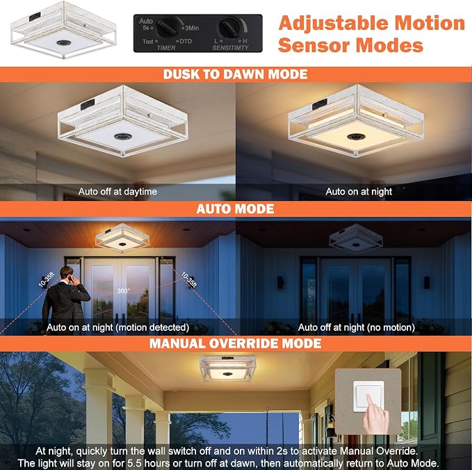 White LED Motion Sensor Outdoor Ceiling Light Square Flush Mount Lights | 10.5", Motion Sensor, Dusk to Dawn, Adjustable Color, Waterproof, Modern, For Exterior Porch Garage Entryway