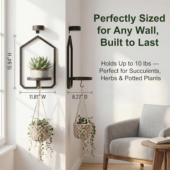 2 Pack Wall Mounted Plant Shelf with Grow Light, Hanging Plant Shelf | Floating Plant Wall Shelf Decor with Wireless Rechargeable LED Plant Light & Remote Control for Bedroom Living Room Apartment