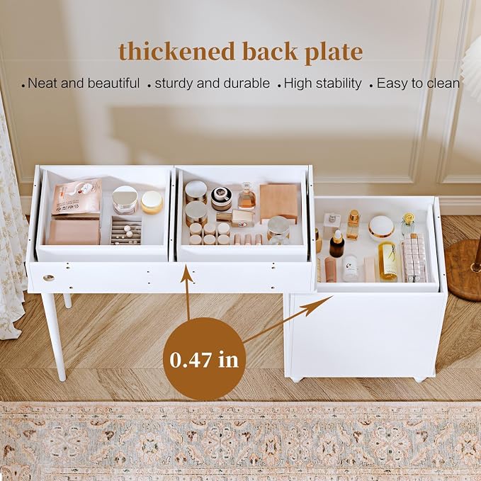 Ieejdn White,Vanity Desk with Mirror and Lights,Makeup Vanity with Power Outlet and Adjustable Cabinet,Modern Makeup Table with 3 Drawers for Bedroom Makeup Room
