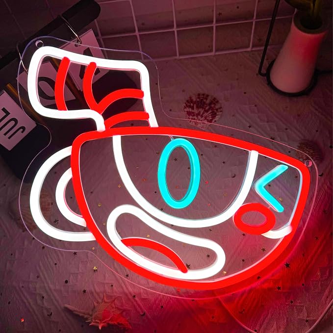 Cuphead Anime Neon Signs for Wall Decor,Dimmable Figure Mugman Game Sign,USB Powered Neon Light Signs for Man Cave Kids Room Bedroom Bar Birthday Gifts(13.4 * 8.7in)