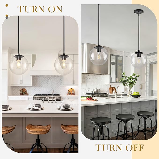 10" Globe Pendant Light Black 2 Pack Mid Century Pendant Light Globe Pendant Lights Kitchen Island Matte Black Finished with Clear Glass Adjustable Ceiling Light Fixtures for Dining Room Bar