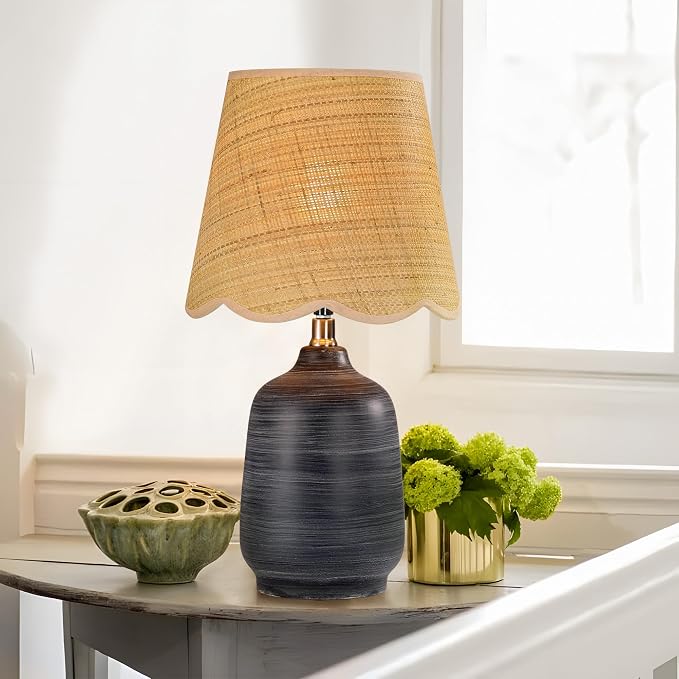 19" Modern Ceramic Table Lamp for Living Room Cream Base Desk Lamps for Bedroom Farmhouse Bedside Nightstand Lamp End Table Lamps,White Striped Black Base,Rattan Shade