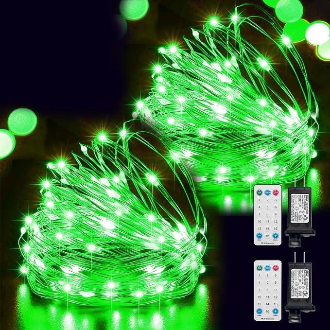 2 Pack 33Ft 100 LED Green St Patricks Day Fairy Lights, Plug in Mini String Lights with 16 Lighting Modes, Waterproof Twinkle Firefly Lights for Indoor Outdoor Tree Garden Party Decoration