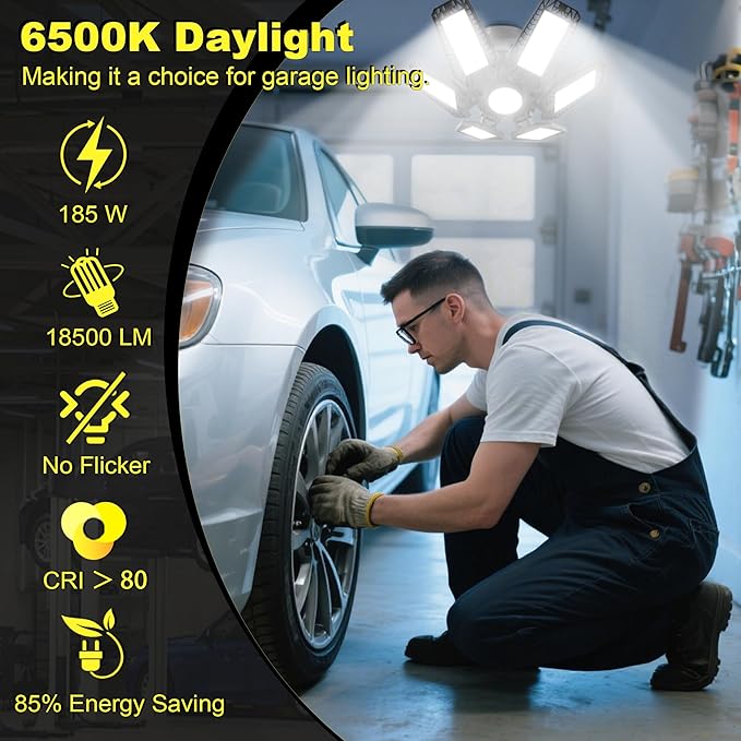 ISKYDRAW LED Garage Lights 185W, 4 Pack 18500LM Bright Shop Light with 6+1 Deformable Panels, 6500K Daylight Garage Ceiling Light Screw in E26/E27 Bulb Bay Lighting for Workshop Basement Barn Attic