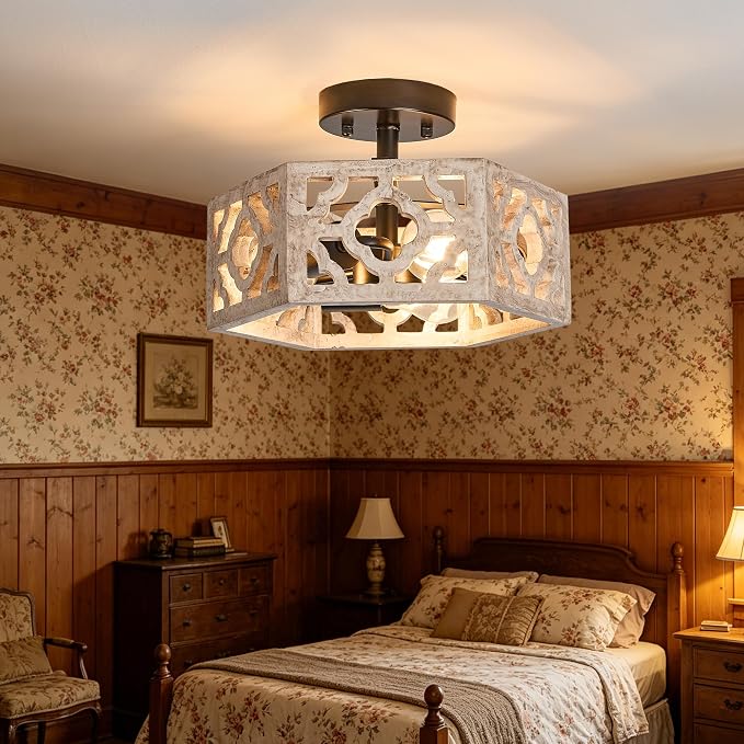 Tarentlight Farmhouse Semi Flush Mount Ceiling Light, Distressed Wood 3-E26 Rustic Boho Close to Ceiling Light Fixture for Kitchen Bedroom Hallway Dining Entryway Livingroom Fixture,No Bulb.
