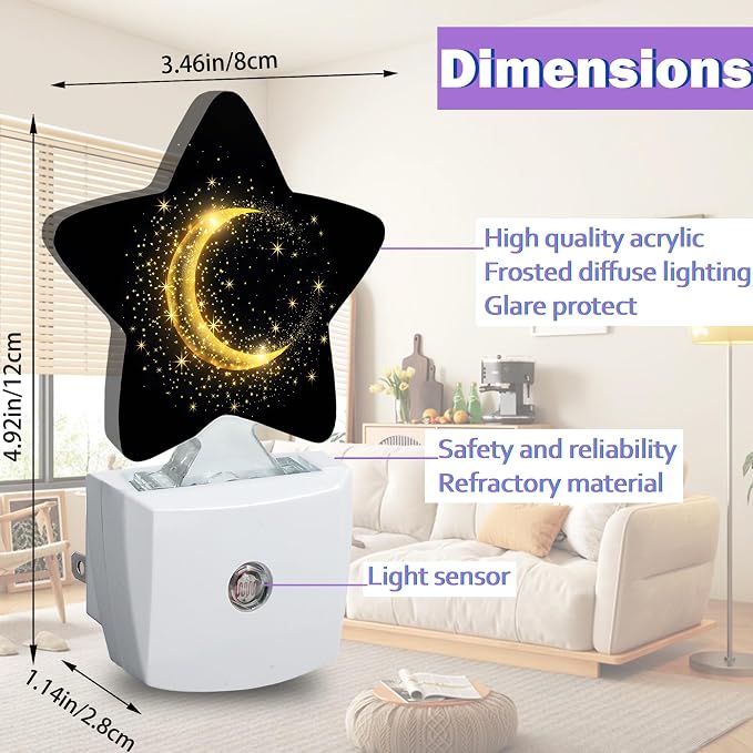 Gold Moon Night Light for Kids,Black Glitter Night Lights Plug Into Wall, Lightweight Dusk to Dawn Light Sensor Warm Nightlights for Girls Boys Bedroom Nursery Basement