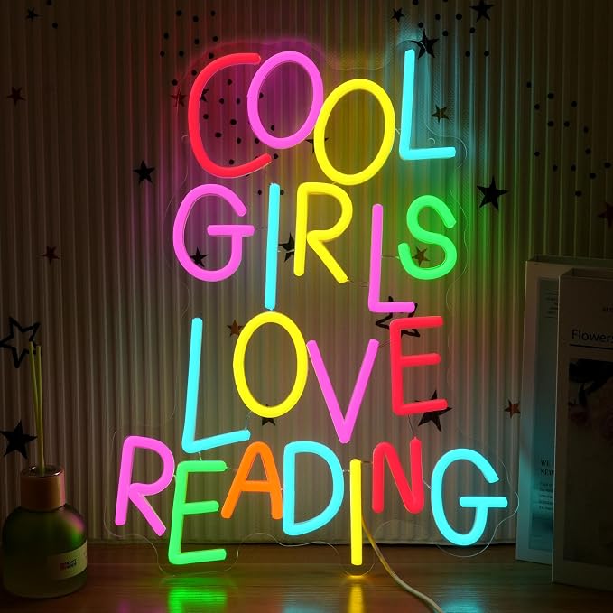 Cool Girls Love Reading Neon Sign USB Powered Reading Book Neon Light for Wall Decor Colorful Letter Light Up Sign for Classroom Reading Room Bookstore Kids Room Library (16.54 * 12.6)