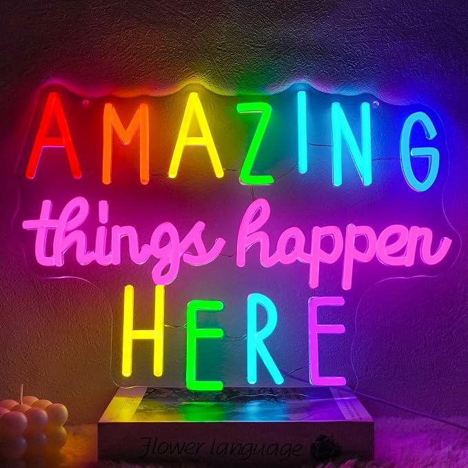 Amazing Things Happen Here Neon Sign Dimmable Positive Letters Neon Light Sign for Wall Decor Colorful Led Sign for Bedroom Cafe Bar Classroom Party Decor Birthday Gift 16.5" x 12"
