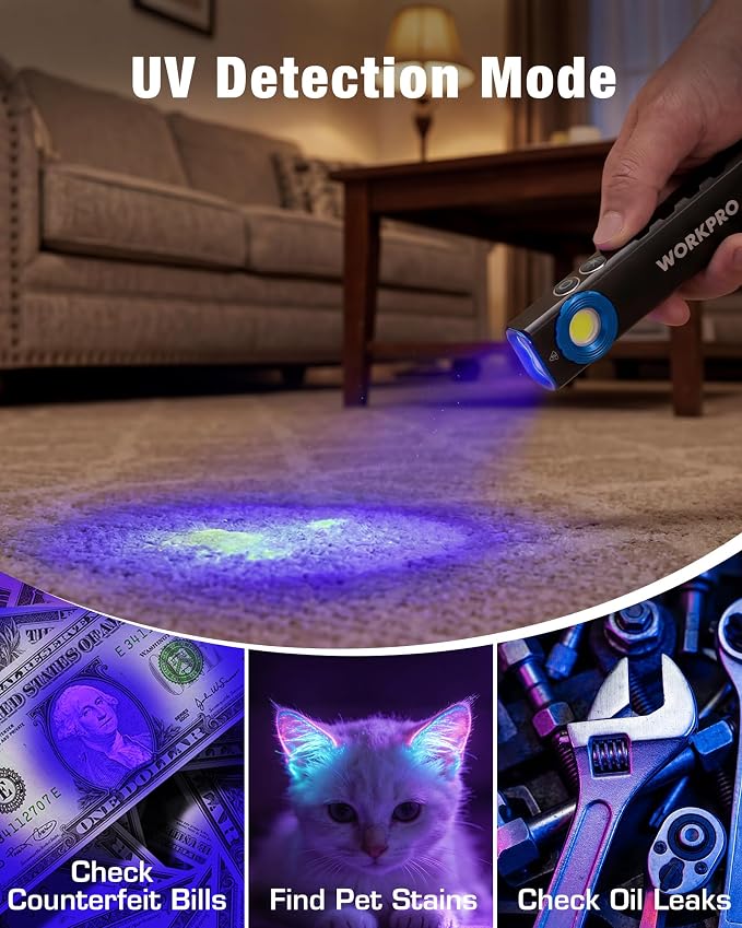 WORKPRO Rechargeable Pocket Flashlight, Magnetic EDC Light with UV, Black | Compact, 600 Lumens LED & UV Light, 2 Magnetic Bases, Pocket Clip, 7 Modes, Garage, Repair & Emergency Use