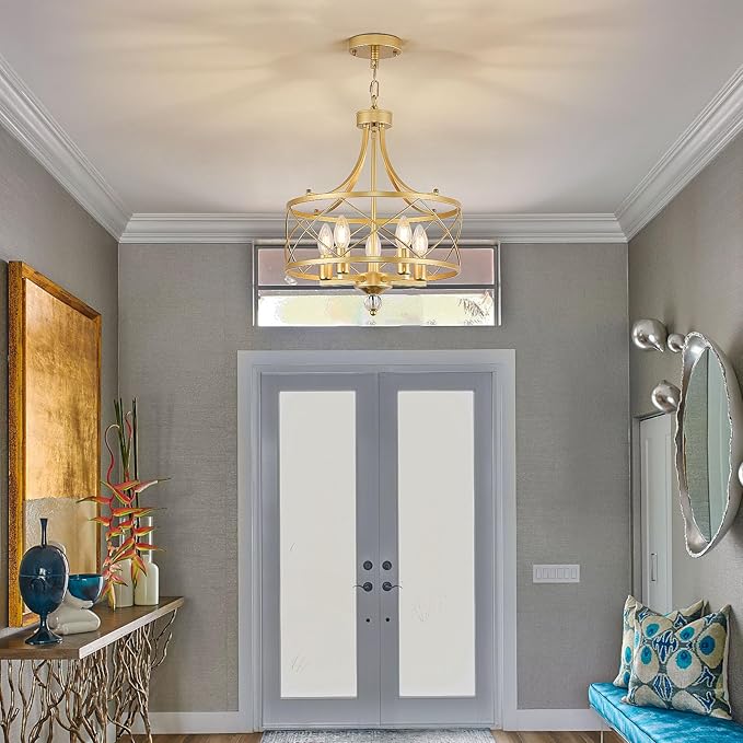 5-Light Round Chandelier,15.2in Gold Farmhouse Lantern Pendant Light Fixture,Adjustable Hanging Ceiling Lamp,for Kitchen Island,Bedroom,Entryway,Dining Room
