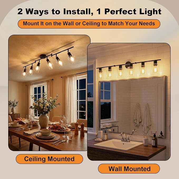 HiBay 6-Light Black Track Lighting Fixture Ceiling, Adjustable Spotlights | Rotatable & Flexible, Modern Farmhouse Industrial, for Kitchen, Living Room, Commercial Use, E26 Base