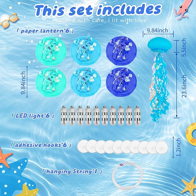 Jellyfish Paper Lanterns with LED Lights Set of 6, Blue Mix Oval Hanging Floating Decorations for Under The Sea Party Mermaid Birthday Ocean Classroom Beach Room Aesthetic