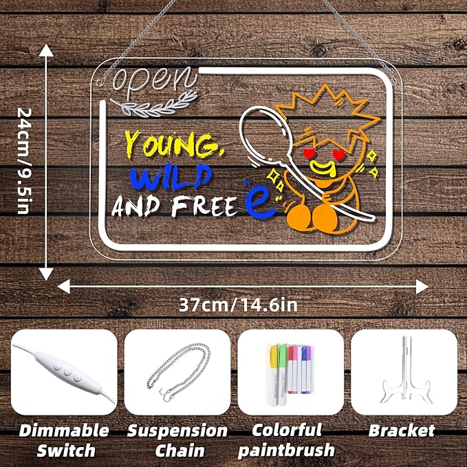 NOSUN OPEN LED Note Board 14.6*9.5” Acrylic Dry Erase Light Up Message Board with Chain and Stand, for Bar Salon Coffee Stores Club Hotel Kids With 7 Color Markers Glow Rewritable Memo Drawing Writing Board