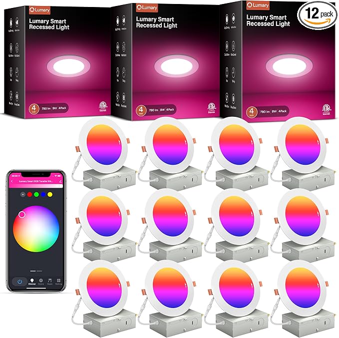 Lumary Smart Recessed Lights 4 Inch, RGBWW Color Changing LED Downlight 9W | 780LM, Supports Lumary Dimmer Switch, BT Remote Control, Work with Alexa & Google Assistant, Custom Scenes, ETL, 12Pack