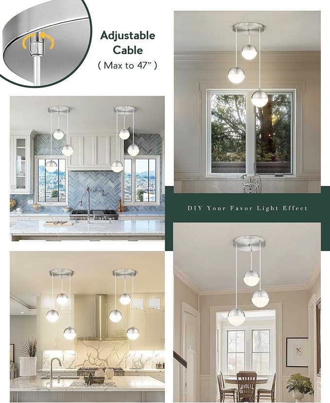 Modern Brushed Nickel 3-Light Cluster Pendant Lights, Mid Century Pendant Lighting with White Globe Glass Shade, Adjustable Hanging Cord Ceiling Light for Home Office Dining Room, LMS-186BN3