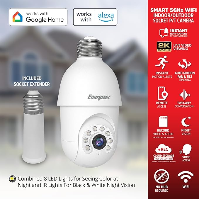 Energizer Smart Socket Camera, 2K QHD Outdoor Light Bulb Security Camera, 5GHz/2.4GHz, Pan & Tilt Auto Motion Tracking, 2-Way Audio, Night Vision, Recording, Alerts, Voice Control with Alexa & Google