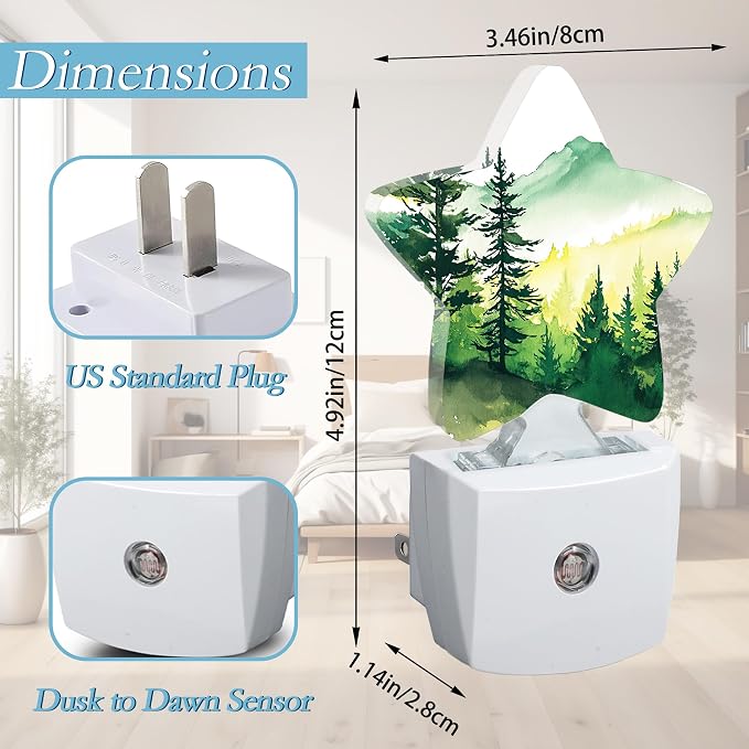 Watercolor Misty Forest Plug-in Night Light with Dusk-to-Dawn Sensor for Bathroom,Bedroom and Hallway Sleep Friendly Lamp for Women/Girls/Boys Gift,0.5w