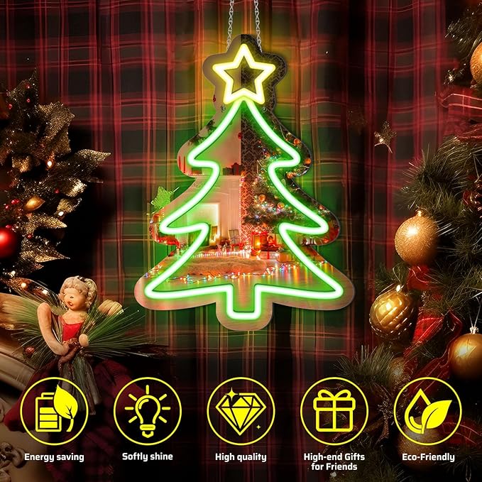 16 x 12’’ Christmas Tree Mirror Neon Sign LED, USB Powered Acrylic Neon Wall Decor, Perfect for Holiday Decorations, Christmas Parties, and Winter Home Decor