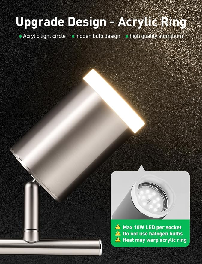 Bojim Track Lighting Fixtures Ceiling Mount for Kitchen, Nickel 4 Way LED Spot Lights Indoor, Flexible Modern Track Light GU10 Socket for Dining Room, Bulbs Not Included