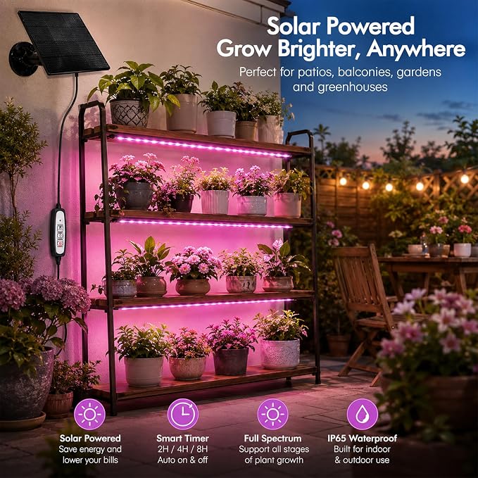 16.4FT Solar Grow Light Strip for Indoor Outdoor Plants | with Full Spectrum LED Waterproof Plant Growing Lights & 16.4FT Power Cord, Solar Panel, 2/4/8H Timer, for All Growth Stages