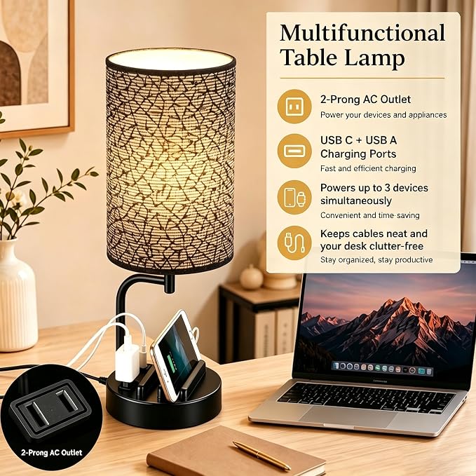 Dreamholder Touch Control USB Table Lamp with USB C/A & AC Outlet, 3-Way Dimmable Bedside Lamp, Modern Nightstand Lamps for Bedroom Living Room Guest Room Office, Bulb Included, Miracle Black