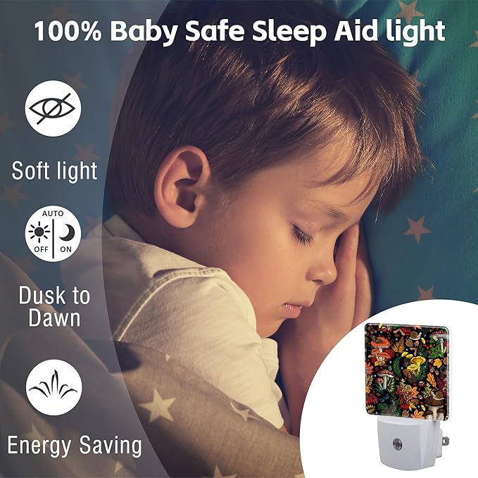 Forest Plants and Mushrooms Night Light Plug into Wall,Butterfly Snail Berries Leaves Dusk to Dawn Night Light,0.5w Energy Saving Sleep Friendly Nightlights for Kids Boys Girls Home