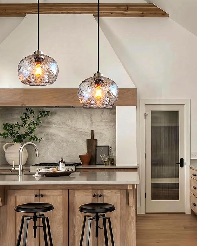 Glass Pendant Lights, Marble Clear, 2 Pack | Modern Rustic Kitchen Island Dining Room Table,Adjustable Cord,,Brushed Nickel,ETL Certification