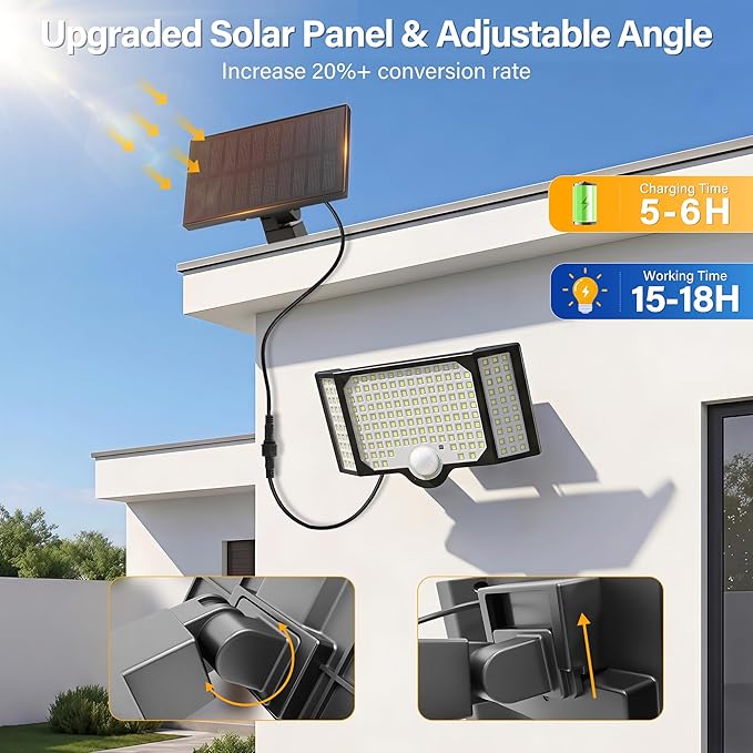 Solar Flood Lights Outdoor with Motion Sensor 3 Modes, 1 Pack | 182 Leds Solar Motion Lights, 3 Head 270° Wide Angle, IP65 Waterproof Security Lights with 16.4FT Cable for Patio Yard Garage