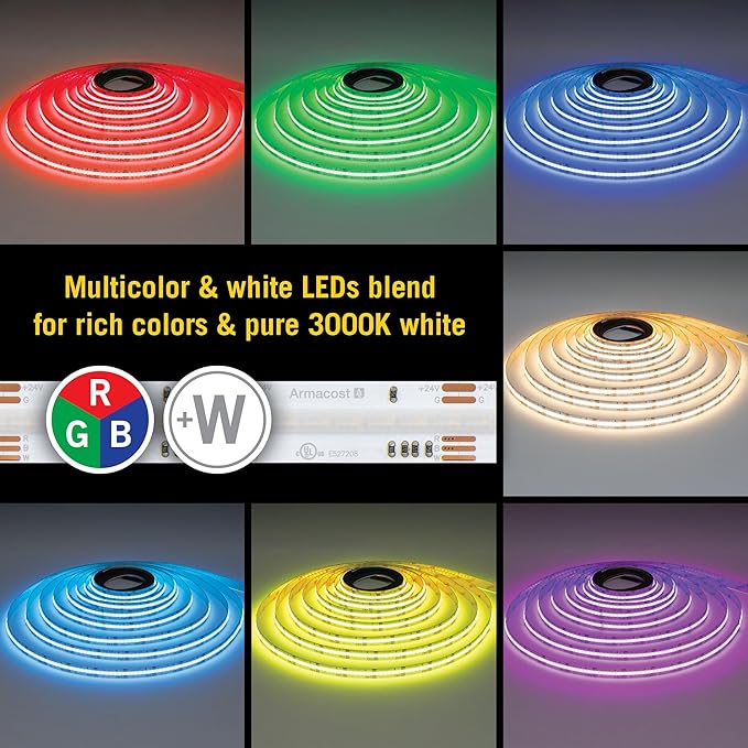 Armacost Lighting RibbonFlex Pro 24V COB LED Strip Light Tape RGB+W, 300 Lumens/Ft, 2.5M 177710