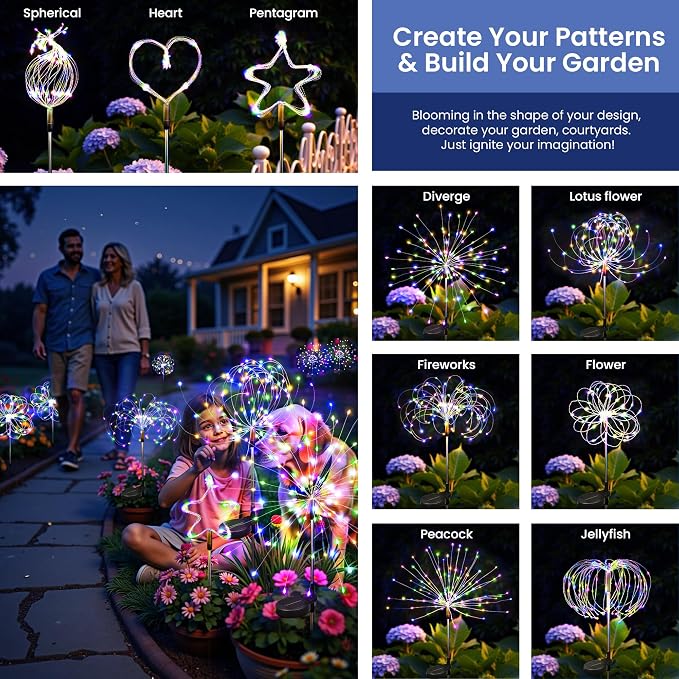 2Pack Solar Lights Outdoor, Multicolor Firework Lights | 120LED Fireworks Lights Solar Powered, Waterproof Fairy Garden Lights Decor Outside for Yard Pathway Lawn Patio