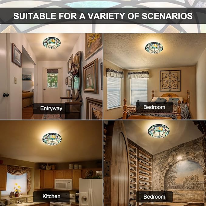 ARTZONE Tiffany Ceiling Lights, Stained Glass Ceiling Light 2-Lights 12 Inch Tiffany Flush Mount Ceiling Light for Bedroom Dining Living Room Entryway Foyer