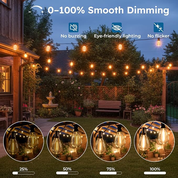GvvooHome 100FT S11 LED Outdoor String Lights with App & Remote, Low-Voltage Patio Lights with Music Sync, 4 Lighting Modes, Dimmable, Waterproof LED Lights for Backyard, Porch, Garden, Deck, Party