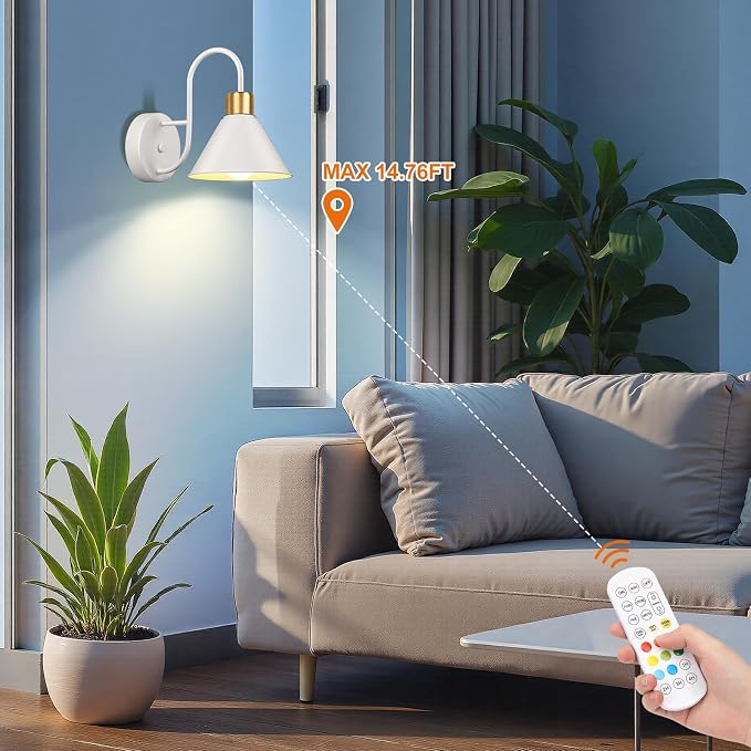 Frideko Rechargeable Battery Operated Wall Sconces Set of Two with Remote, RGB 15 Colors Dimmable White Wall Light, Indoor Battery Powered Wireless Sconce with 4 Timer for Living Room Bedroom