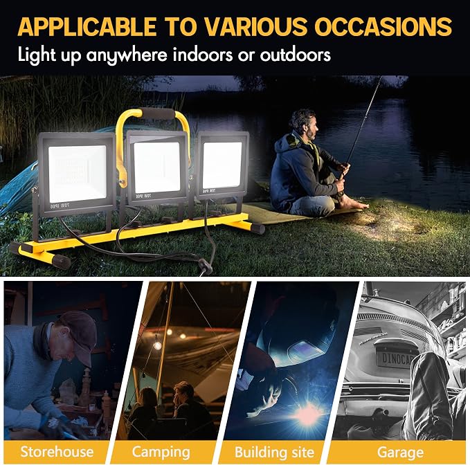 22000 Lumen Work Lights with Stand, 3 Adjustable Head LED Work Light, with Adjustable and Foldable Tripod Stand, Waterproof Lamp with Individual Switch with 6500 Kelvin Color Temperature 2Pack