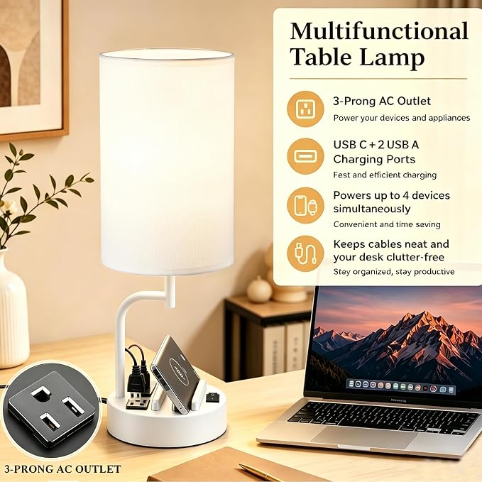 Dreamholder 2 Pack Table Lamp, Bedside Lamp with 3 USB Charging Ports & AC Outlet, USB Desk Lamp with 2 Phone Holders, Linen Fabric Shade Nightstand Lamps for Bedroom Living Room Office, White
