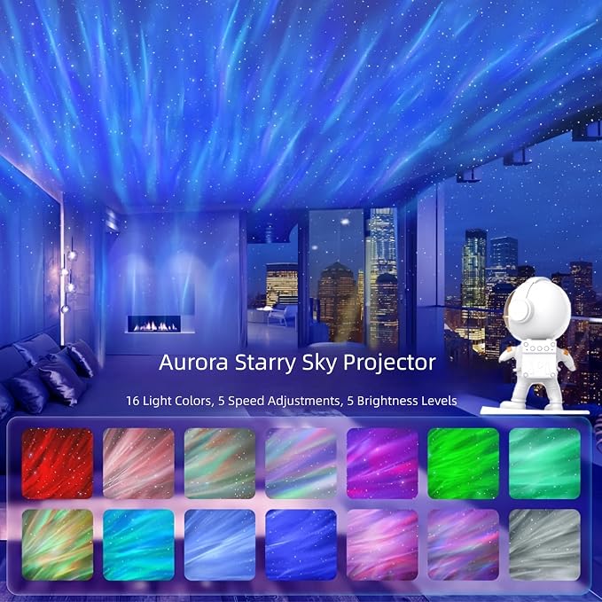 White Noise Astronaut Aurora Galaxy Projector — 360° Rotating Star & Moon Night Light with Sleep Timer, Music Sync, Remote Control, Calming LED Mood Lamp for Bedroom, Kids' Room, Nursery