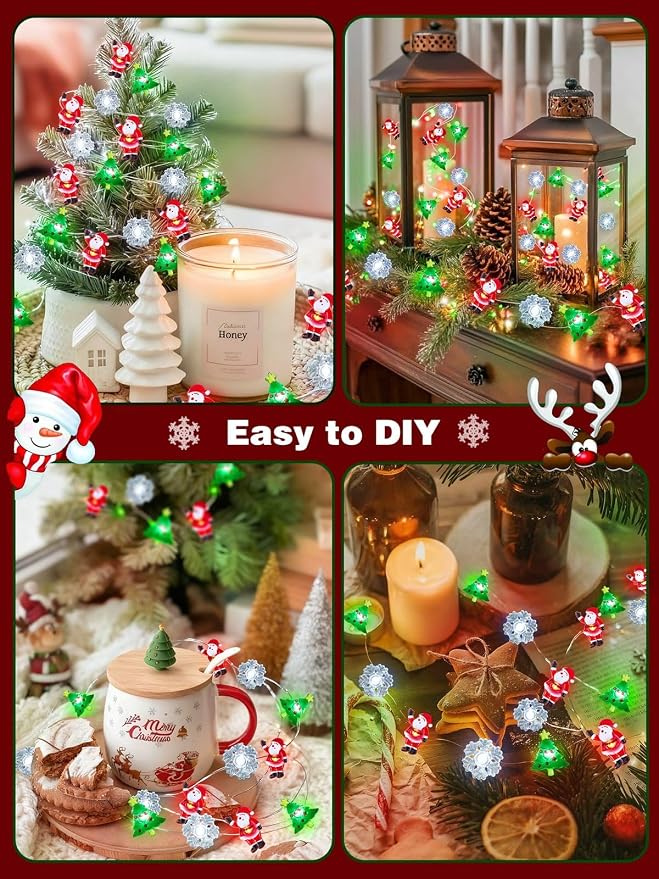 Christmas Tree Santa Snowflake Fairy Lights Battery Operated with Remote | 10FT 30LED, 8 Modes & Timer, Waterproof Wire, Christmas Fairy Lights Twinkle for Indoor Outdoor Xmas Fireplace Window Decor