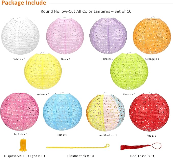 10Pack Paper Lanterns Chinese Japanese Hanging Paper Lanterns with LED Lights Sticks Tassels 8 Inch Round for Chinese Lunar New Year Decorations 2026 Spring Festival Wedding Asian Home Party Decor