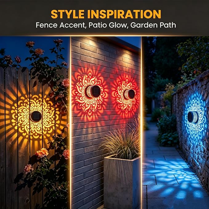 Solar Mandala Outdoor Wall Lights, 4 Pack 7 Color Changing Metal Fence Lanterns, Waterproof Solar Powered Deck Step Stair Lights for Garden Patio Yard Landscape Decor