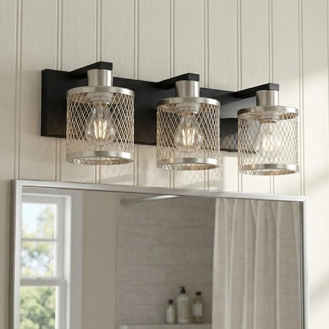 3 Lights Bathroom Light Fixtures Brushed Nickel Vanity Lights 3 Lights Farmhouse Bathroom Vanity Light Vintage Design Wall Sconces Lighting for Mirror Attic Corridor Cellar Wall Lamps
