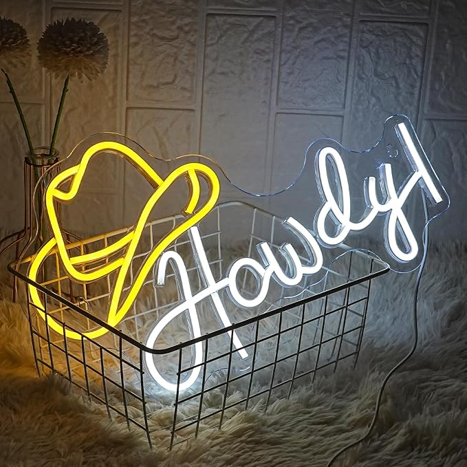 Cowboy Hat Neon Sign Howdy Cowboy Neon Signs Cool LED Neon Lights Dimmable Neon Signs USB Powered for Gameroom, Man Cave Beer Bar Cafe Recreation Room(Yellow White)