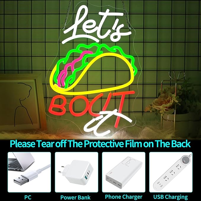 Taco Neon Sign, JGHTURIE Neon Signs for Wall Decor Let's Bout It Light up Led Signs for Restaurant Home Decoration USB Powered