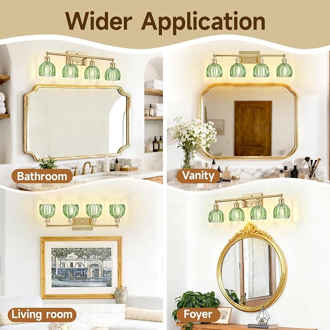 4 Light Vanity Lights for Bathroom, 27.2 in Brushed Brass Gold Bathroom Vanity Lights Over Mirror,Wall-Mounted Bath Room Lighting Fixtures with Green Tulip Glass Shade for Bedroom Living Room