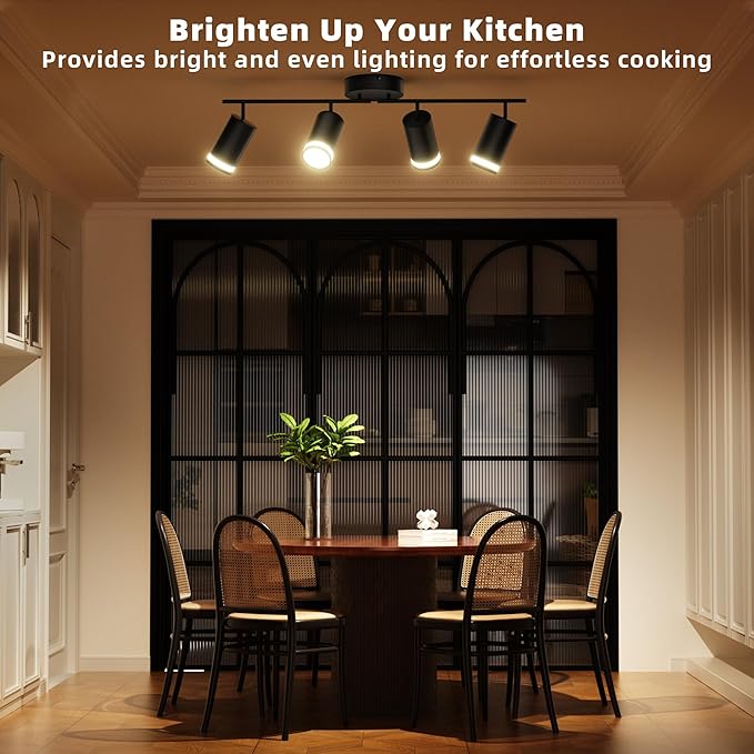 4-Light Track Lighting Fixtures Ceiling, GU10 Black Led Ceiling Spotlight, Modern Track Light Kit for Kitchen Bedroom Living Room