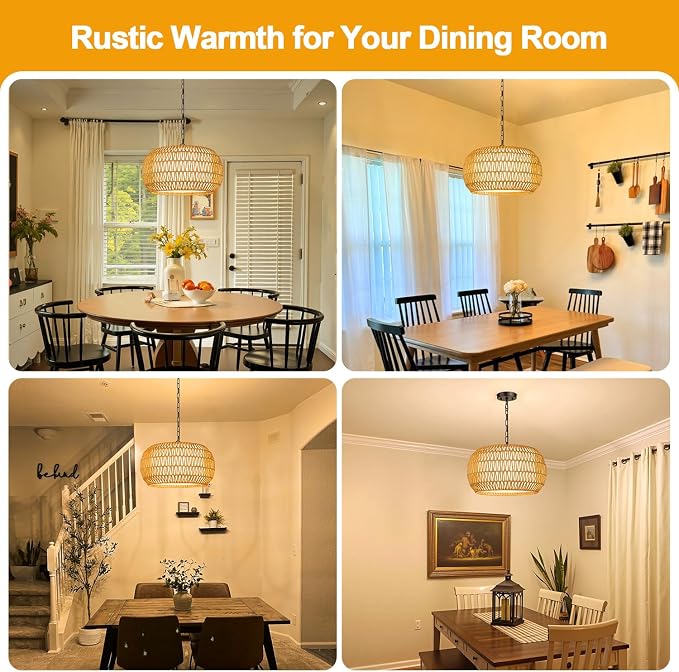 9"-52" Height Adjustable Farmhouse Chandelier Light Fixture, 5-Light Rattan Boho Chandeliers for Dining Room, Hand Woven Pendant Light with Linen Shade, Rustic Hanging Lighting for Kitchen Island